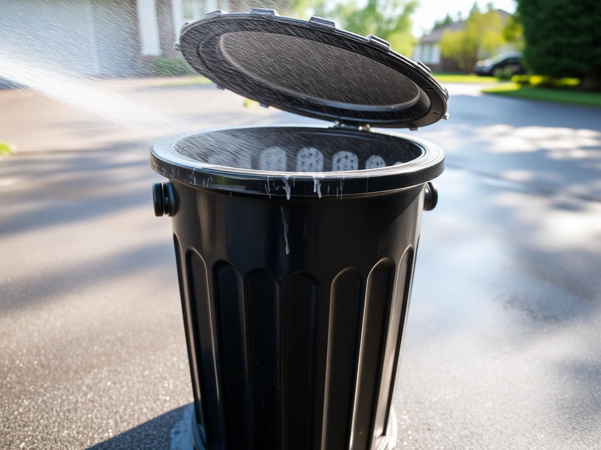 Garbage can being pressure washed and sanitized