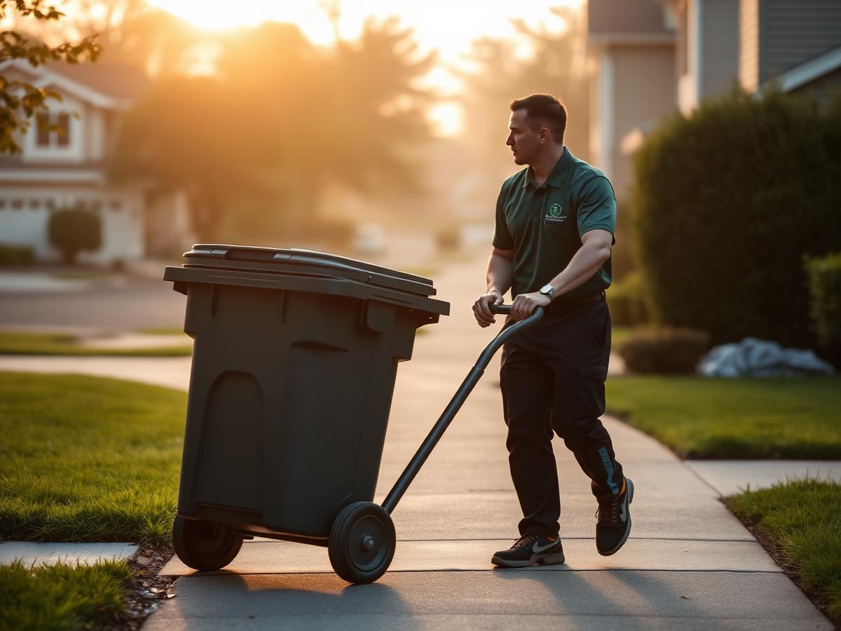 Uniformed attendant wheeling a garbage can down a driveway at dawn