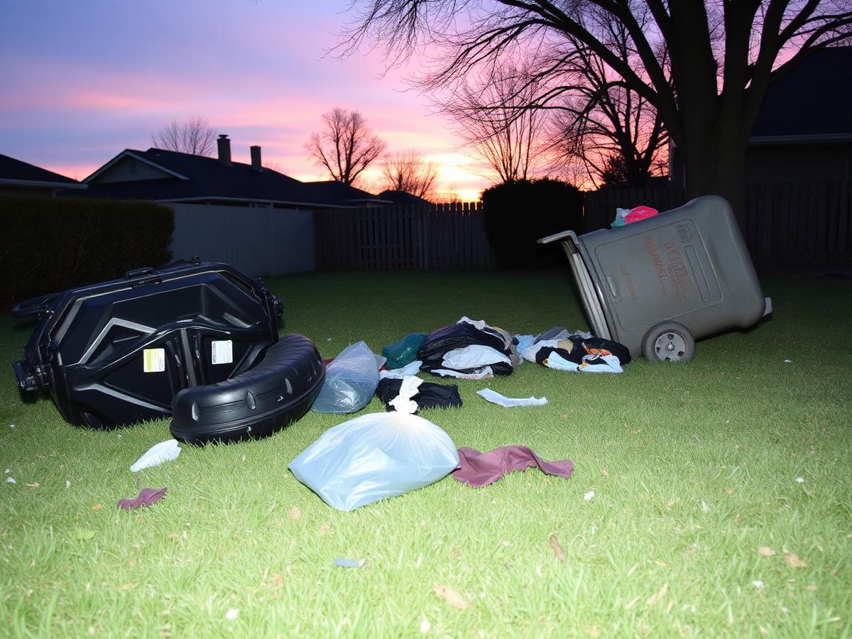 Yard with trash scattered by wildlife before cleanup